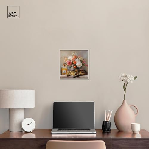 Art Remedy Cat Floral Vase Perfume Canvas Fashion Pet Art, Silver Frame, 12" x 12" - color: Silver Frame, size: 13"L x 13"W