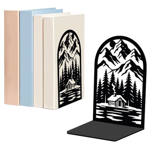 WADORN 1 Pair Mountain Scenery Decorative Bookends, Forest Cabin Heavy Duty Metal Book Ends Rustic Non-Skid Black Book Stopper for Bookshelf Library Home Office Dorm Back to School, 5.3x4.3x7.9 Inch - color: Mountain Scenery
