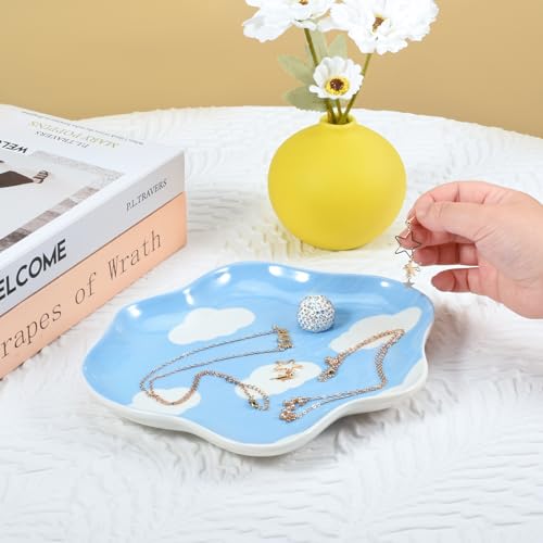 Koythin Jewelry Tray, Ceramic Jewelry Dish Trinket Tray Organizer, Clouds Aesthetic Decorative for Kitchen, Bathroom (Blue Sky and White Clouds) - color: Blue Sky and White Clouds