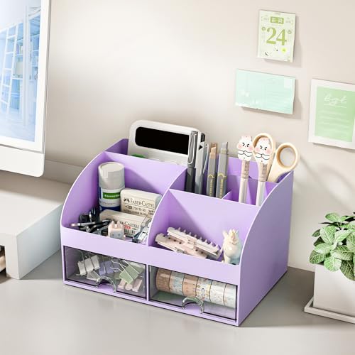COMFYROOM Desk Organizer with 6 Compartments and 2 Drawers, Plastic Makeup Organizer, Pen Holder for Desktop Storage, Desk Organization for School, Home, Office Supplies (Purple) - color: Purple