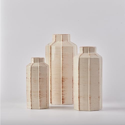LUKA Ceramic Rustic Farmhouse Vase Set of 3,Ice Cracked Glazed Terracotta Vase,Large Vases for Decor,Fall Decoratiion Vases for Home, Table, Living Room, Shelf - color: 18096lms-ec-beige