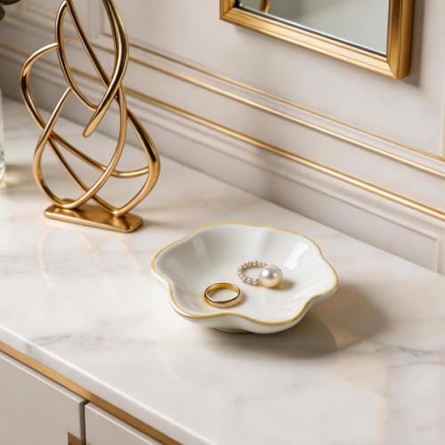 Ceramic Trinket Dish for Jewelry, Lotus Leaf Shape Small Ring Dish Tray, Jewelry Dish Organizer for Necklace Earrings, Home Decor Gift for Mom Best Friend Sister (white) - color: white