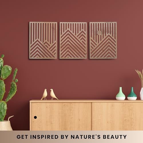 qmmp Modern Wooden Wall Sculptures - Set of 3 - Home Decor Accent - Large Wall Art for Living Room, Bedroom, Office - Easy Installation (Oak, Medium - Mountain and Sun) - color: Oak, size: Medium - Mountain and Sun