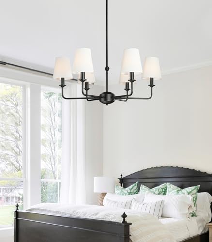 6-Light Black Pendant Chandelier with Fabric Shades, E12 Base - Farmhouse & Industrial Style for Kitchen, Living Room, Dining Room, or Bedroom Lighting - color: 6 Light+Black