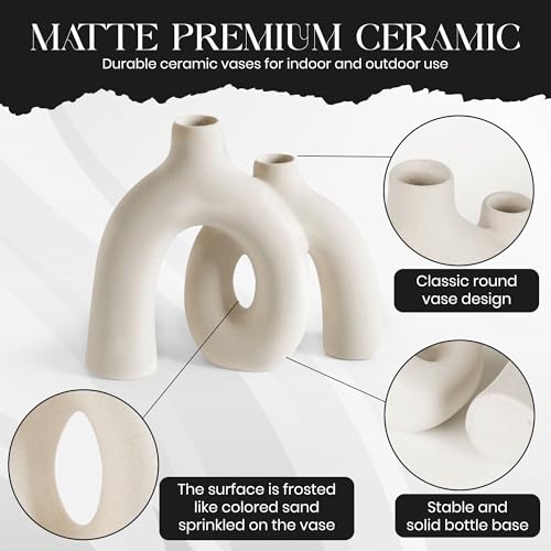 Ceramic Hug Vase (Creamy White) Modern Donut Style Hugging Vases for Flowers Minimalist Decor – Hollow Ceramic Waterproof Home Decor Vases for Living Room, Bed Room, Book Shelf, Entryway, Table - color: Creamy White