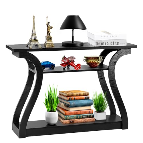 SUPER DEAL Wood Console Table 3 Tier Narrow Entryway Table with Curved Frame and 2 Open Storage Shelves Accent Sofa Table for Hallway Living Room Bedroom, 47 in Black - color: Black