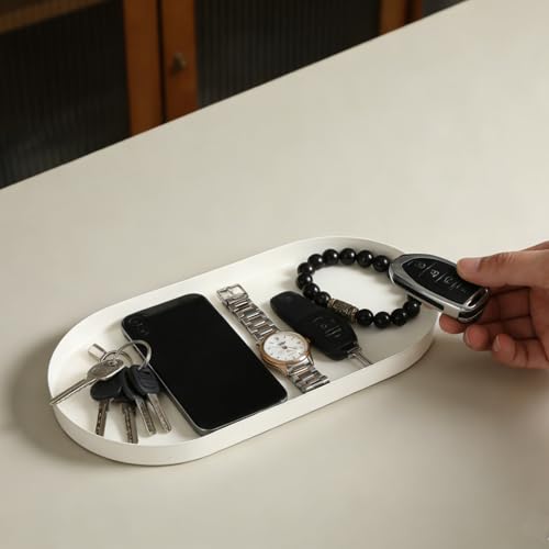 Oval Key & Wallet Tray, 12"x6"x0.8" Metal Valet Tray for Entryway Table, Minimalist Catch All Tray for Keys, Wallet, Jewelry, White