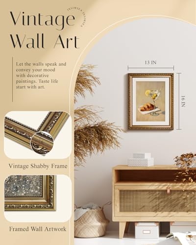 InSimSea Gold Framed Wall Art, Kitchen Dining Room Vintage Cocktail Martini Croissant Wall Shelf Decor, Still Life Canvas Print Art, Home Bar Decor, Antique Paintings with Picture Frame 13x16inch - color: Olive in a Glass, size: 16"L x 13"W