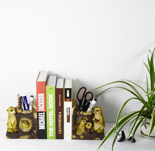 Owlgift Meerkat Bookends, Pair Decorative Pencil Holders for Shelves or Bookcase, Non-Skid Heavy Bookends, Home Décor Gift, Anti-Slip Base Book Stopper - color: Meerkat