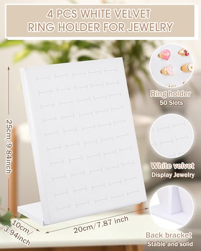 Henoyso 4 Pcs Velvet Ring Display 50 Slots L-Shaped Ring Display Stand Tray Holder for Selling Earring Jewelry - color: White