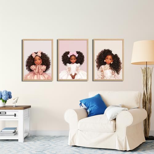 Black Girl Wall Art Canvas Framed 3 Piece Set 24x16 Inch Pink Princess Wall Decor for Girls Room Nursery African American Art Prints Poster Picture Artwork - color: Black Girl-1, size: 24"x16"