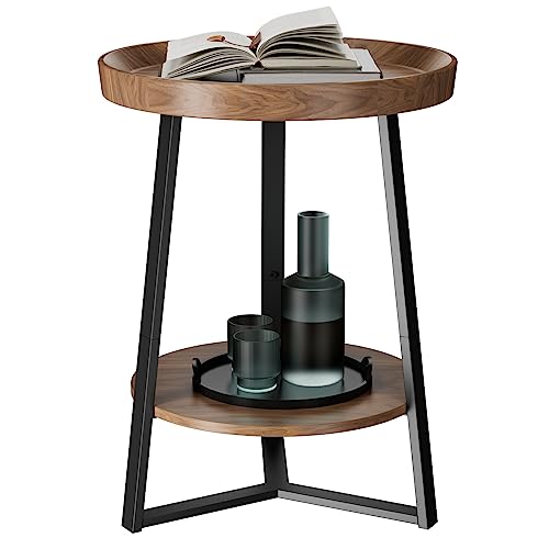 Gadroad Round End Table with Storage Shelf, 2 Tier Farmhouse Side Table Nightstand for Living Room, Bedroom, Wood Tabletop & Black Metal Frame, Brown 15.7 * 15.7 * 23.0inches - color: Brown, style: No Charging Station