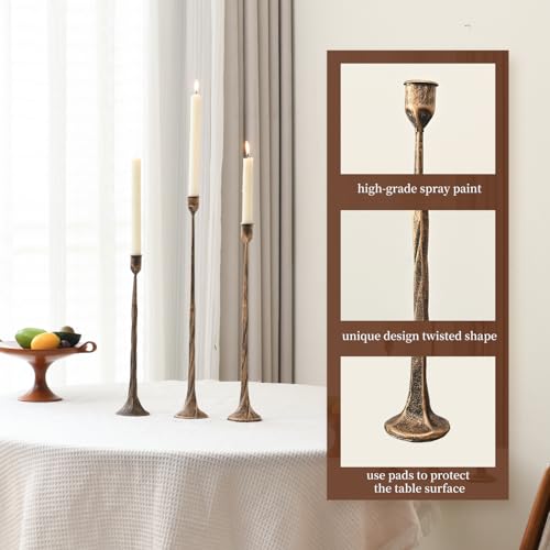 Iron Antique Gold Candlestick Holders, Set of 3 Candle Stick Holders,Fits 3/4 inch Thick Candle&Led Candles, Vintage Modern Decorative Centerpiece for Dining Table Centerpiece, Wedding, Party Decor - color: Antique Gold-twisted, size: 14.4”,17.1”,19.7”