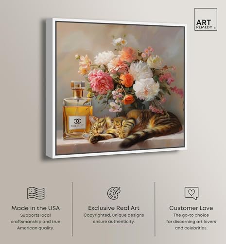 Art Remedy Cat Floral Vase Perfume Canvas Fashion Pet Art, White Frame, 16" x 16" - color: White Frame, size: 17"L x 17"W