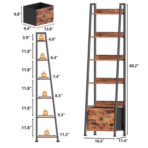 Furologee Bookshelf Set of 2, 6-Tier Ladder Shelf, Ladder Bookshelf with Drawer, Set of 2 Bookshelves, Metal Storage Shelf for Living Room, Home Office, Bedroom, Balcony,Kitchen, Rustic Brown - color: Rustic Brown, size: 6 Tier -2 PCS