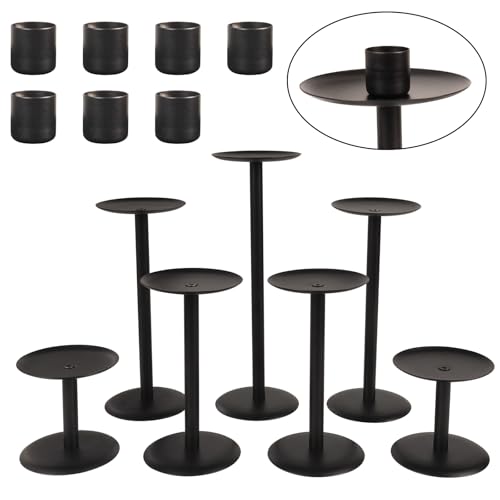 Set of 7 Metal Black Candle Holders, Assemblable Pillar and Taper Candlesticks, Halloween Fall Thanksgiving Day Dining Table Centerpieces Decor, Mantle Fireplace Candle Sticks Decorations