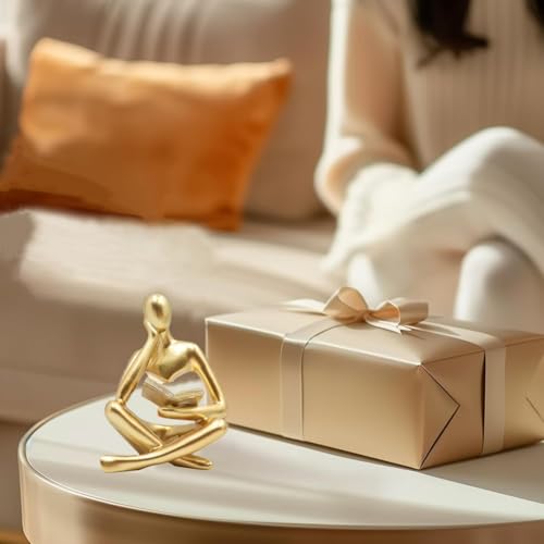 Prettidecor Thinker Statue Set of 2, Abstract Art Reading Sculpture Figurine, Modern Aesthetic Home Decoration for Living Room Bedroom Office Shelves Coffee Table Desk Bookshelf Decor (Gold) - color: Gold