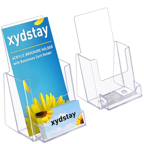 xydstay 4x9 Acrylic Brochure Holder with Business Card Holder, Clear Display Stand, Plastic Table stand Sign Holder, Pamphlet Holder Flyer Holder, Acrylic Display Stand for Office, Home, Store, 2 Pack