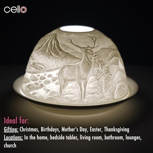 Cello Porcelain Tealight Holder Dome - Highland Stag Design with 3D Projection Image & Message Scented Unscented LED Candle Wax Warmer Animal Nature Deer Gifts Ornament Home Birthday Easter Present