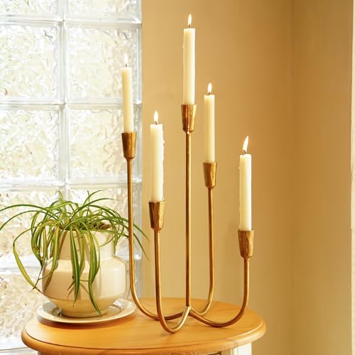 Cast Iron Candelabra 5-Taper Candle Holders, Golden Metal Candlestick Holders Tabletop Candles Stand, Decorative Table Centerpieces Mantel Decor, Antique Brass - color: 5-arm