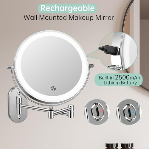 FUNTOUCH 2500mAh Rechargeable Wall Mounted Lighted Makeup Vanity Mirror 8 Inch Double Sided 1X 20X Magnifying Bathroom Mirror, 3 Color Lighting, Touch Dimming, Extended Arm 360° Light up Mirror - color: Bright Chrome