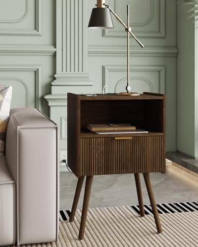 Veegle Nightstand,Modern Bedside Table with Storage Drawer and Open Wood Shelf, Accent Night Stand with Solid Wood Legs for Living Room, Bedroom and Small Spaces,Easy Assembly (Walnut Brown-Outlet) - color: Walnut Brown-outlet