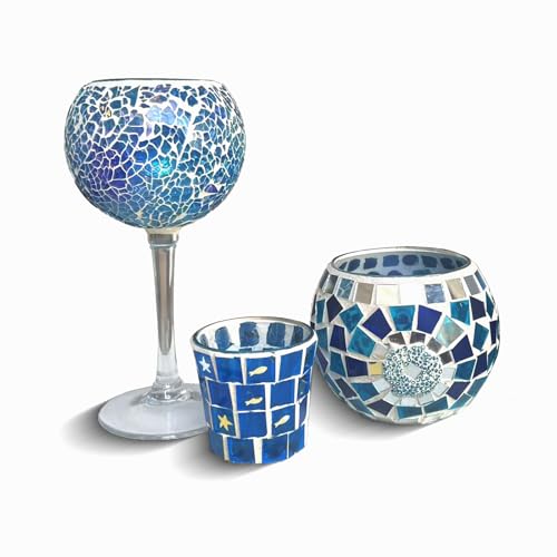 Glass Tealight Candle Holder, 3Pcs Blue Handmade Mosaic Votive Candle Holders, Wedding Dinner Party Tea Light Holder for Centerpiece Table Decorations, Vintage Home Room Decor