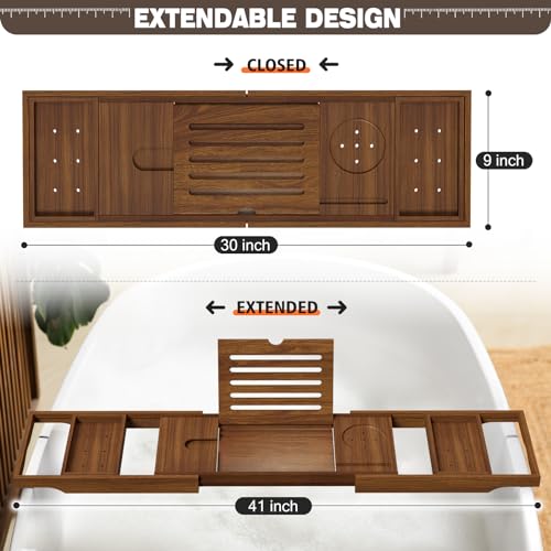 Kiasthome Teak Bathtub Caddy, Expandable Bath Tray, Non‑Slip Luxury Tub Caddy with Wine Phone Tablet Holder, Wooden Bath Accessory for Home Spa and Gift