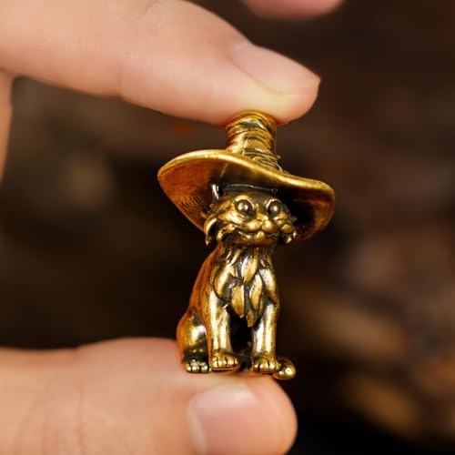 CHOVY Retro Handcrafted Witch Cat Ornament - 100% Solid Brass Desk Decor | Enchanting Feline Sculpture with Wizard Hat Unique Gift for Cat Lovers & Magic Enthusiasts - style: Wizard Cat