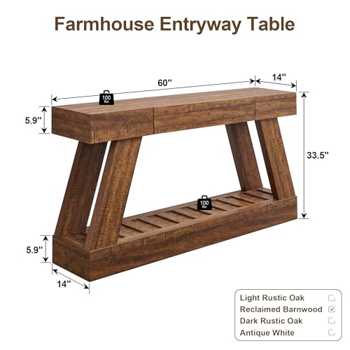 OKD 60" Farmhouse Entryway Table with Drawer, Narrow Long Console Table for Entryway, Console Tables with Storage(Reclaimed Barnwood) - color: Reclaimed Barnwood