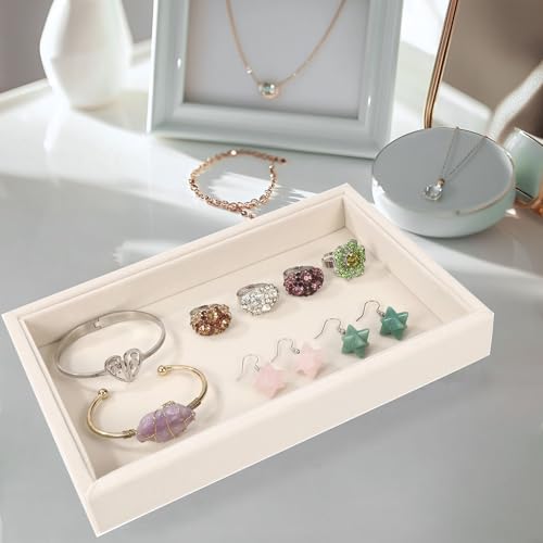 Mornajina 9" x 5.7" Velvet Jewelry Tray Jewelry Display Tray, Stackable Empty Plate Trays for Earrings Necklaces Bracelet Rings Display Showcase - Light Khaki - color: Light Khaki, size: Flat Tray 9"x5.7"