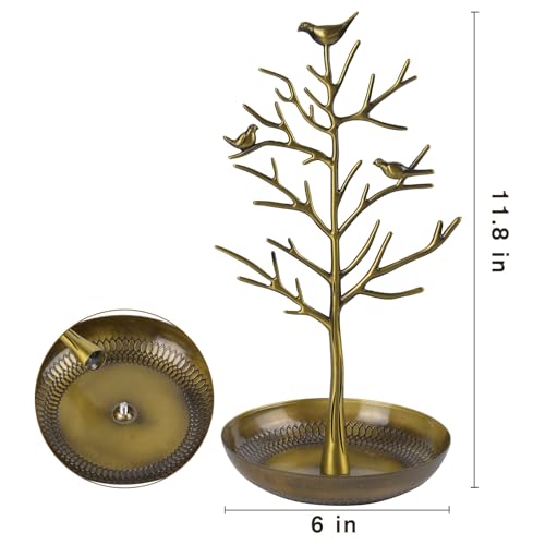 ChezMax Jewelry Display Necklace Earring Organizer Holder Metal Birds Tree Stand with Tray Antique Bracelet Rings Rack Tower Decoration for Women Girl 11.8 Inch - color: B-Metal Antique Greenish