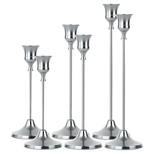 2 Sets(6 Pcs) Silver Tapered Candle Holder,Candlestick Tall Metal Candlestick Holders for Table Centerpiece Home Decor for Wedding Fireplace Mantel Housewarming Gift Fits 3/4 Inch Thick Candles - color: Silver