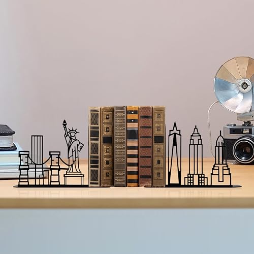 Metal City Skyline Modern Bookends, New York Themed Decorations, NYC Skyline Souvenirs - color: New York