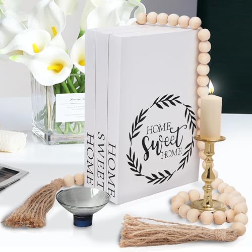 Decorative Books for Home Decor, Faux Books for Decoration, Rustic Farmhouse Decor, Fake Books with 52in Wood Beads Garland, Book Decor for Living Room Coffee Table (Home Sweet Home) - color: Home Sweet Home