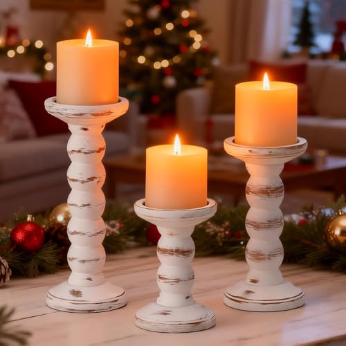 Wood Candle Holder, 3Pcs Rustic White Candle Holders for Pillar Candles, Solid Wood Decorative Candle Holders Distressed Wooden Farmhouse Candle Holder Large for Fireplace Table - color: Washed White