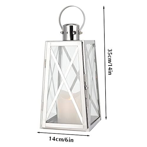 TRIROCKS Stainless Steel Decorative Lantern 12'' H Metal Candle Holder Hanging Candle Lantern with Tempered Glass for Christmas Home Decor Living Room Parties Events Indoor Outdoor(Silver Trapezoid) - color: Silver