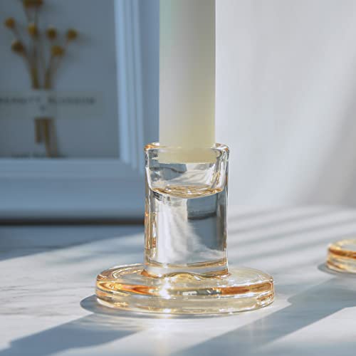 12pcs Amber Taper Candle Holders, Glass Crystal Candlestick Holders Bulk, Clear Candle Holders for Dining Table Centerpiece - color: Amber 12pcs