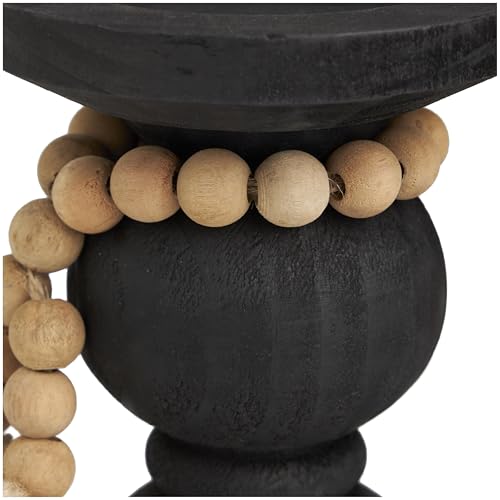 Deco 79 Wood Handmade Decorative Candle Holder Bubble Inspired Matte Candle Stand with Beaded Garland Accent, Set of 3 Candlestick Holder 15", 12", 9" H, Black
