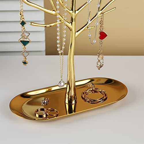 MORE&LESS Branch Jewelry Rack with metal tray,Luxury color,Tree Tower Rack Hanging Organizer for Ring Earrings Necklace Bracelet,Suitable for living rooms, bathrooms,offices,etc. - color: A Brass-Metal Tray