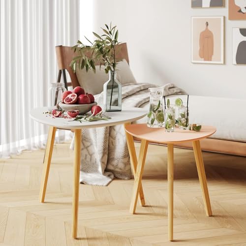 BAMEOS Bamboo Nesting Triangle End Table,Set of 2 SideTable Modern Minimalist Coffee Table for Living Room (White & Pink) - color: White & Pink