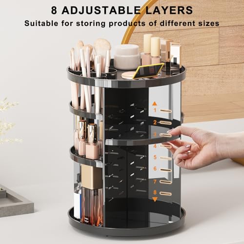 Jiavarry Rotating Makeup Organizer for Vanity, 360 Spinning Skincare Organizers with Adjustable Trays, Make Up Desk Storage Carousel Rack, Cosmetic Display Cases for Dresser Bathroom Countertop Black - color: Black