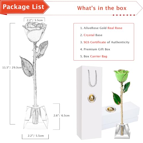 AliveRose Valentines Day Gift Rose, 24K Gold Dipped Rose Made from Real Rose - Unique Design Gold Plated Rose for Anniversary Valentines (Green Handmade Rose with Crystal Base) - color: A2. Green Handmade Rose White Crystal Vase