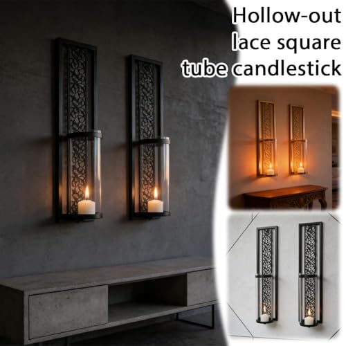 Wall Candle Holder,2PCS Vintage Hollowed Metal Sconce with Glass Cover,Walls Mount Iron Wall Art Candleholder Sets,Ramadan Walls Decorations for Living Room Farmhouse Fireplace Wedding - color: Black