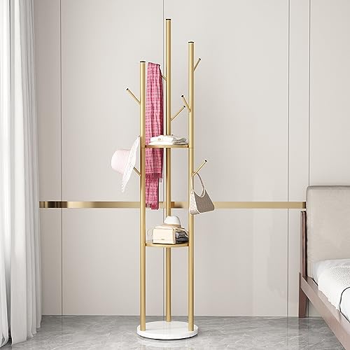 Gold Coat Racks Freestanding with 9 Hooks, Metal Coat Stand with Heavy Marble Base, Entryway Coat Tree Hanger, Purses Racks - style: Coat-13''W