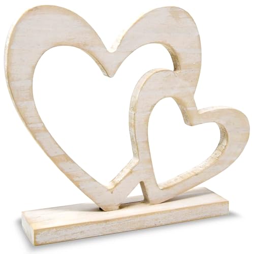 Rustic Wooden Double Heart Tabletop Decor – Interlocking Hearts Wedding Centerpiece, Engagement, Bridal Shower & Anniversary Party Decoration Gift