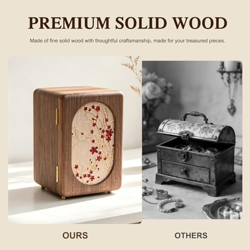 KINTNESS Black Walnut Wooden Jewelry Box - 5 Drawers Large Jewelry Organizer with Delicate Floral Pattern for Women, Side door Space for Necklace, Jewelry for Bracelet, Earing, Rings - style: Embroidered 5-Drawer Design