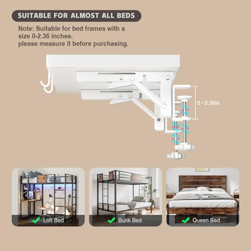 Magheo Bedside Shelf Foldable, Metal Clip-On Bunk Bed Table Shelf for Top Bunk Heavy Duty Bed Side Table Tray for College Dorm Room Essentials, Loft Nightstand Organizer Tray with 1 Cord Hole(White) - color: White, size: 12.6" x 9.28" x 0.79"