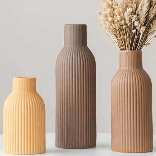 Modern Ceramic Vases Set of 3, Coffee Table Ribbed Decorative Vases, Shelf Table Centerpiece for Home Decor (Coffee Mix) - color: Coffee Mix