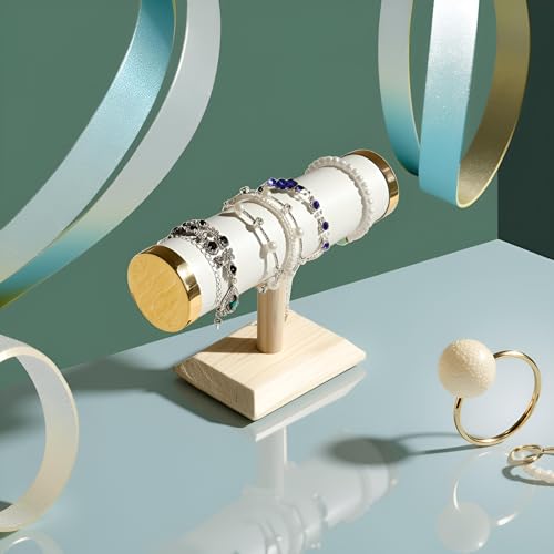 Jewelry bracelet Display T-Bar Stand 9 inch White PU Bracelet Holder with Gold Metal Ends 1-Tier Jewelry Organizer with Natural Pine Base, Bangle & Watch Display for Retail & Vanity - color: Round PU White